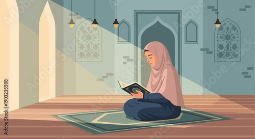 Muslim Woman Reading Quran in Mosque, Islamic Culture, Prayer, Spirituality