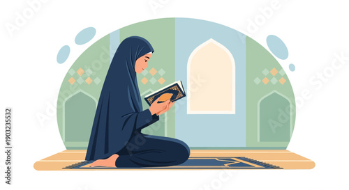 Muslim Woman Reading Quran in Mosque, Islamic Culture, Spirituality, Ramadan