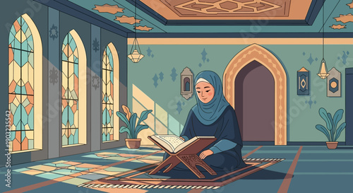 Muslim Woman Reading Quran in Mosque, Ramadan Prayer, Islamic Culture, Soft Light