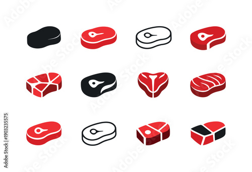 Meat department. Icon set. Set Logo of meat department: fresh steak cut. harmonious logo variations of the same emblematic concept, each with