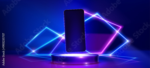 Smartphone mockup on 3D round podium with neon blue purple glowing geometric shapes, realistic vector illustration. Glowing tech elements and digital light effects for mobile phone app presentation.