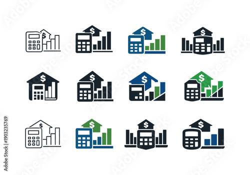 Bank loan calculator. Icon set. Set Logo of Bank loan calculator: calculator and graph combo. harmonious logo variations of the