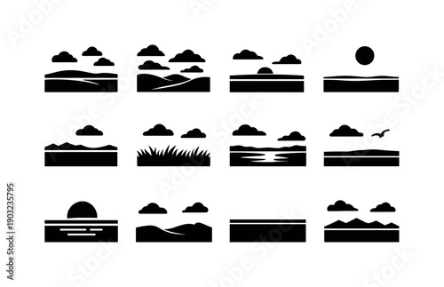 Nature Iconography. Wide Open Nature Scene. Solid icon set of Wide Open Nature Scene: expansive field, layered clouds, minimal landscape, distant horizon, sky