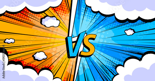Dynamic comic book versus background with vibrant blue orange design and clouds. Abstract vector illustration, retro halftone explosion banner for battle scenes, super hero vs poster, cartto frame