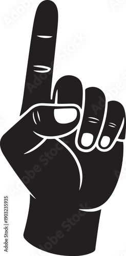 Black and white illustration of a hand with the index finger pointing upwards to the sky. isolated on white background, illustration