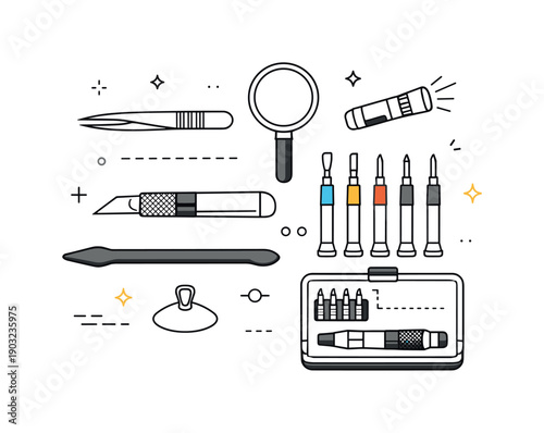 Precision tools. A compact set of finely crafted tools displayed in an organized layout, suggesting readiness and reliability.