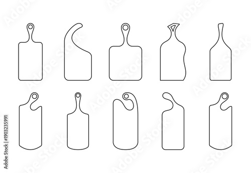 set of cutting board flat outlines graphic design illustration isolated white background. Boards for serving dishes, board for bread. Shapes for laser cutting, vector