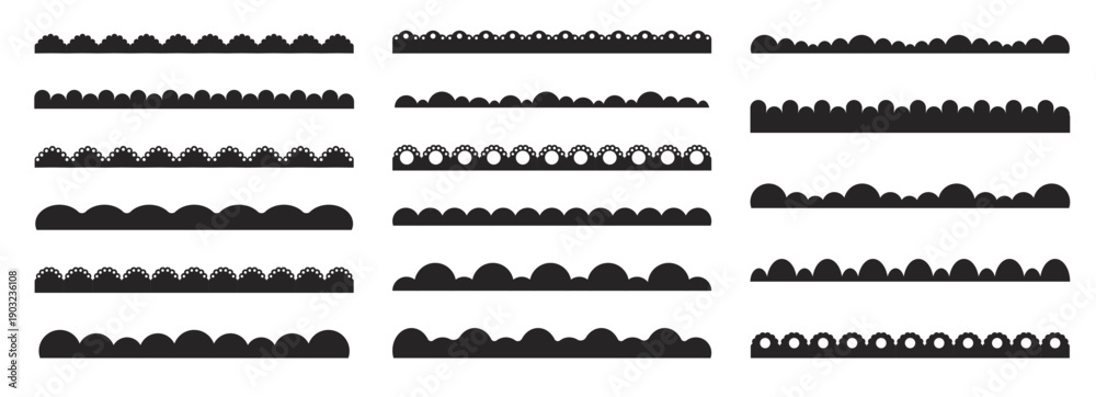 Fototapeta premium Scalloped border fluffy scalloped edge set. lace border, textile frill stripe. Cutout wavy decoration line frame collection