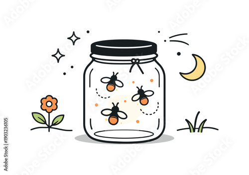 Minimal firefly jar composition. Stylized jar with soft light inside and minimal surrounding elements. Cozy, dreamy mood inspired by warm