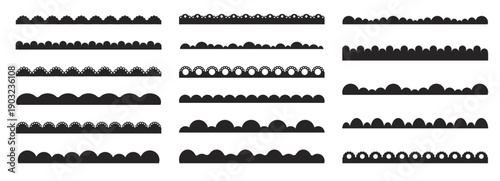 Scalloped border fluffy scalloped edge set. lace border, textile frill stripe. Cutout wavy decoration line frame collection