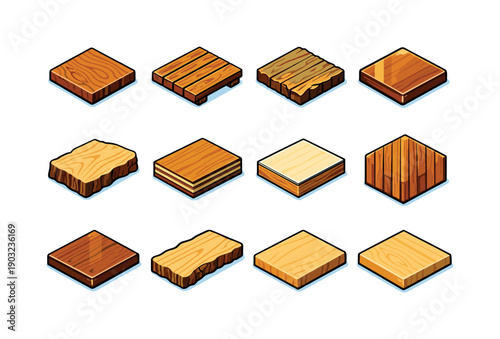 Wooden Surface. Colorful isometric vector icons set of Wooden Surface: tabletop wood grain, deck boards, rustic wood surface,