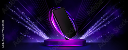 Smartphone mockup on 3D round podium with neon purple glowing ring and spotlights, realistic vector illustration. Glowing tech elements and digital light effects for mobile phone app presentation.