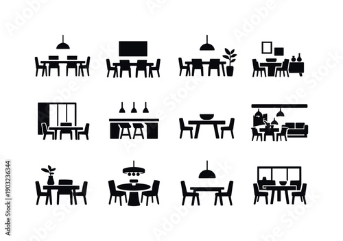 contemporary interior dining. Solid icon set of contemporary interior dining: sleek table, slim chairs, minimalist decor, modern interior,