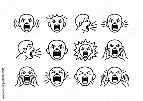 Shouting Face. Line icon set of Shouting Face: wide open mouth, loud sound waves, shouting expression, wide eyes, tilted eyebrows, yelling