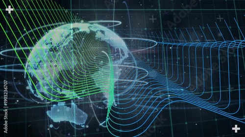 Green wave starting offscreen and sweeping hologram globe rotating ribbons visualizing global flow