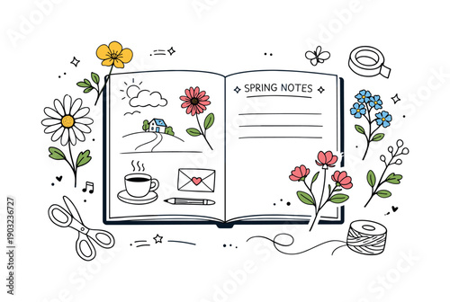 Pressed flowers spring. A spring-themed journal page decorated with delicate pressed flowers and light sketches, suggesting slow living and