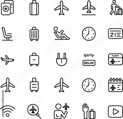 Air travel icons, airport, airplane, passport, luggage, boarding pass, seat, delay, check-in, mobile, flight, black and white vector
