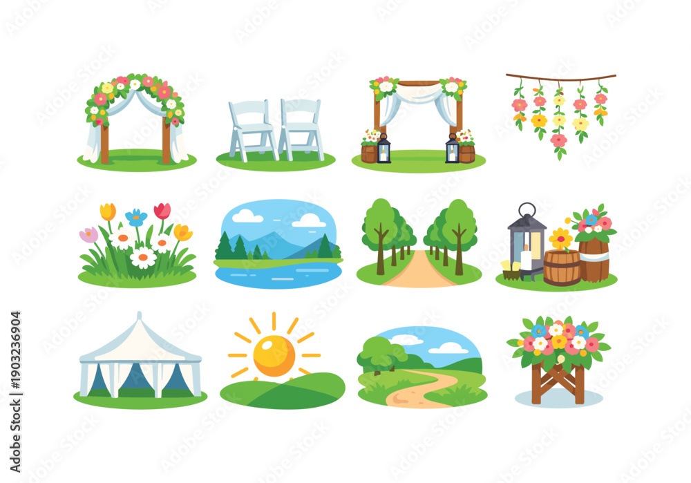 Obraz premium Outdoor Wedding Icons. Outdoor wedding. Colorful flat vector icons set of outdoor wedding: garden arch, lawn chairs, meadow flowers, open field altar, hanging