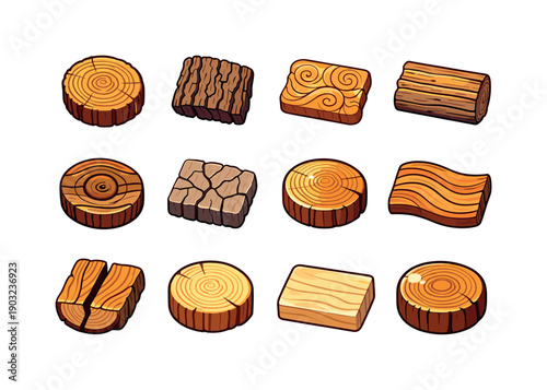 Wooden textures. Colorful isometric vector icons set of Wooden textures: log ring cross-section, bark close-up, carved wood surface, aged log