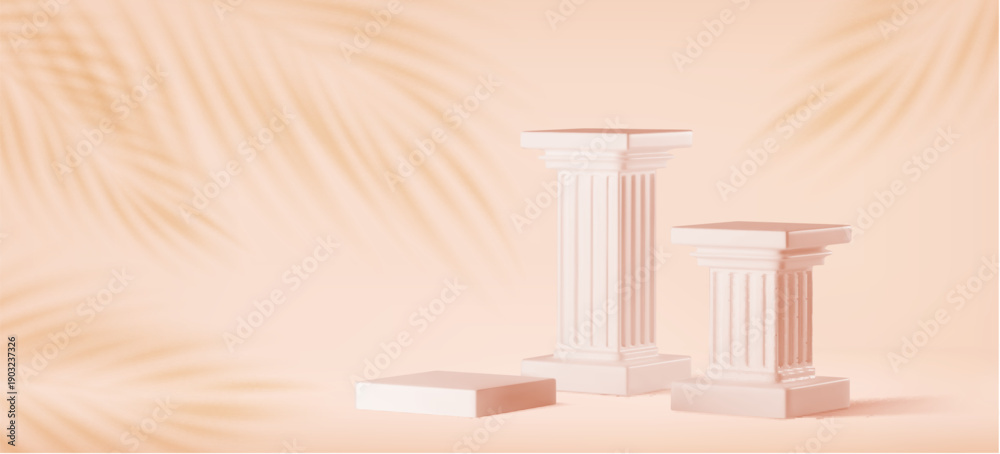 Fototapeta premium Beige marble coumn podiums realistic vector background. Ancient roman or greek pillars, three square stands or museum pedestals, product presentation or exhibition on bg with palm leaves silhouettes