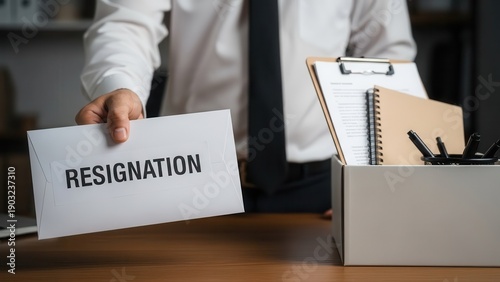 Man handing resignation letter and packed box at desk