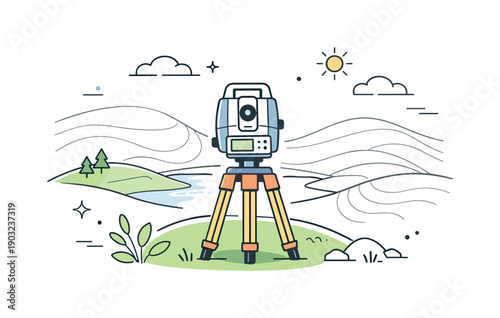 Topographic surveying. A surveying instrument positioned on a hill with contour lines softly drawn in the background. Calm landscape analysis