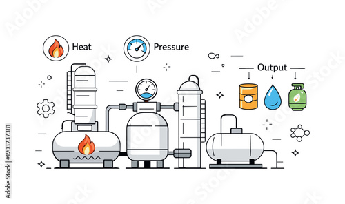 Energy production scheme. A clean schematic of refinery equipment with icons for heat, pressure, and output materials. Abstract technical