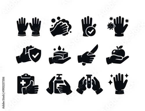 Hygiene Icon Set. Rubber Gloves. Solid icon set of hygiene and care: personal protection glove, hand washing steps, cleanliness checkmark, germ barrier, safe
