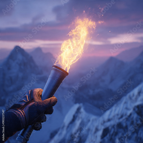Climber holding a bright emergency distress flare aloft over snowy mountain peaks during twilight