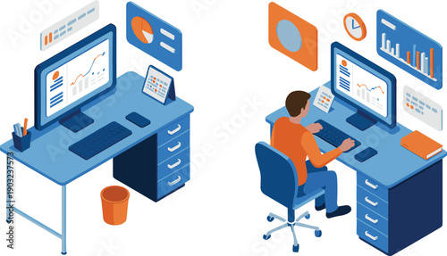 isometric office analytics workstation illustration, data dashboard computer setup, business analysis workspace, modern technology productivity vector design concept artwork