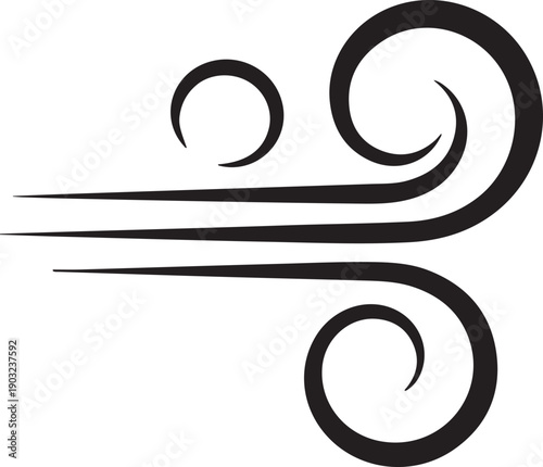 Stylized black and white illustration of wind blowing with elegant swirls and horizontal lines. isolated on white background, illustration