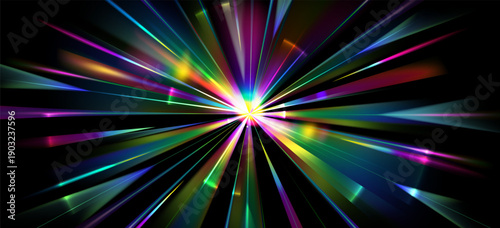 Rainbow light speed motion effect, starburst prism flare on black background abstract vector illustration. 3d explosion with holographic spectrum gradient, radial halo lines, glowing rays and beams