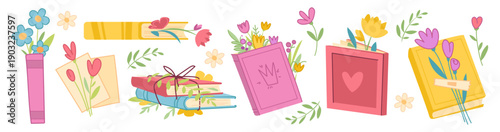 Book stack with flowers cartoon vector illustration isolated on white background. Opened and closed books, tied with string or cord and with bouquet between pages, summer or spring reading elements