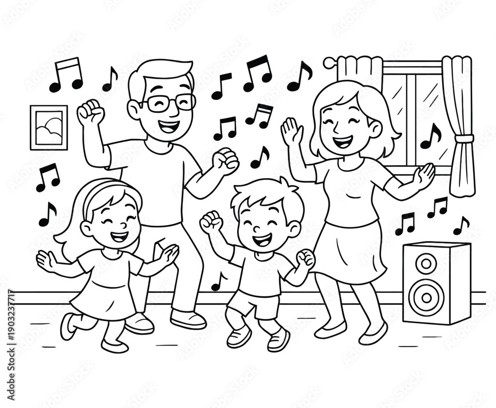 Fototapeta premium Family dancing joyfully to music with speaker and window, lively celebration