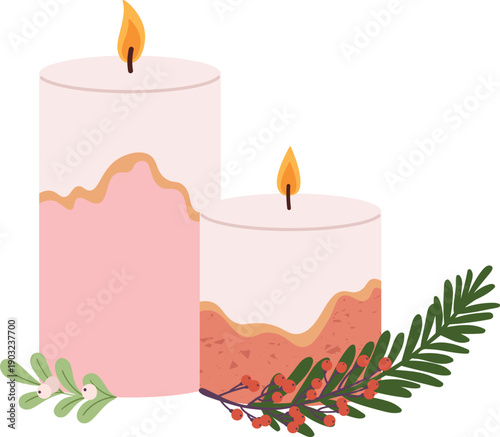 Burning christmas candles light. Cozy winter home decoration