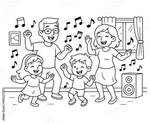 Family dancing joyfully to music with speaker and window, lively celebration
