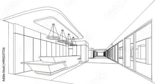 Modern office lobby reception interior perspective line drawing with minimalist reception desk hallway and contemporary architectural lighting