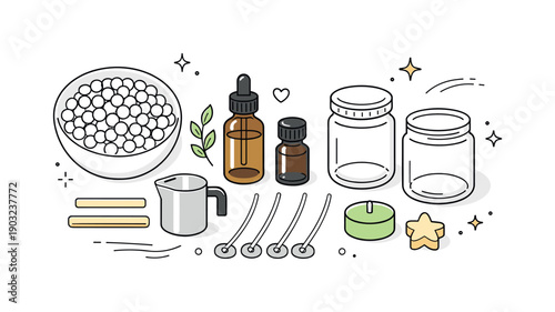 Candle Making Essentials. Candle making supplies flat lay. Top view of wax pellets, wicks, essential oil bottles, and jars arranged evenly, showing preparation