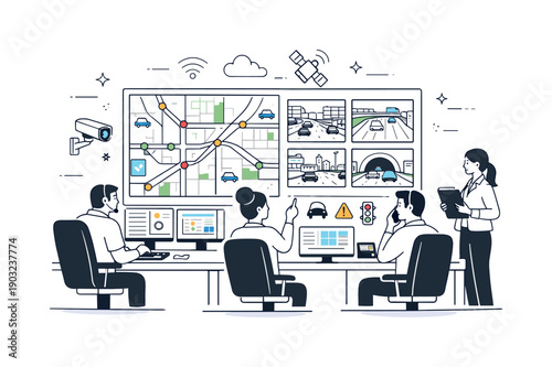 Traffic management infrastructure. Urban control center with large digital traffic maps and cameras, operators calmly monitoring city flow.
