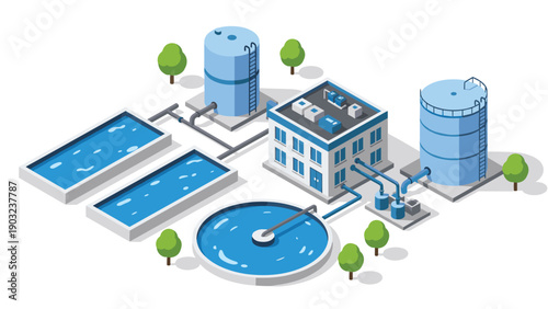 Isometric Illustration of a Modern Water Treatment Plant with Filtration Pools and Storage Tanks