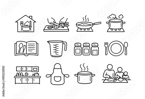 Home Cooking Dinner. Line icon set of Home Cooking Dinner: home kitchen, chopping vegetables, pan on stove, boiling pot, recipe book,