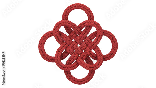 A detailed photograph of a traditional Chinese knot in deep red against a pure white background (3)_traced
