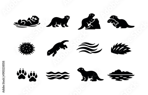 Wild Otter Icons. Wild Otters. Solid icon set of Wild Otters: sea otter swimming, alert otter, climbing rock, catching fish, sea urchin icon, diving