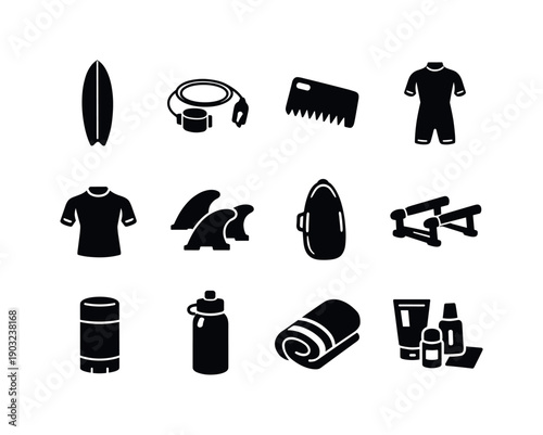 Surf Gear Icons. Surf Gear. Solid icon set of Surf Gear: surfboard, leash strap, wax comb, wetsuit icon, rash guard, surfboard fins, board bag, surf truck