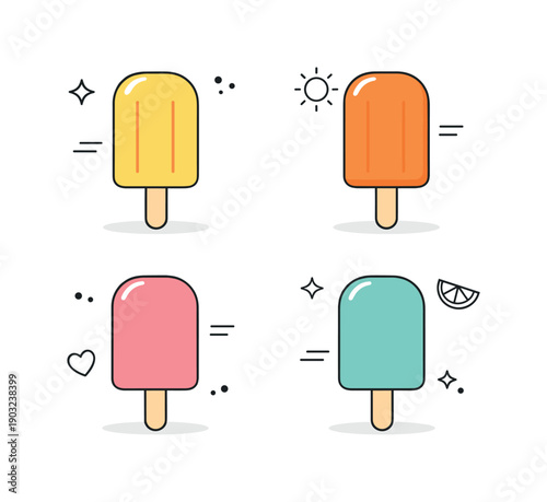 Popsicle color palette. Popsicles shown as simple shapes highlighting summer tones. Light, optimistic mood inspired by warm weather treats.