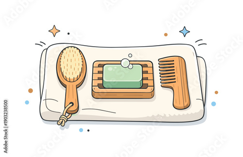 Bamboo Bath Essentials. Wooden bath set flatlay. Neatly arranged bamboo brush, soap dish, and comb on a soft towel with light shadows and abstract decorative