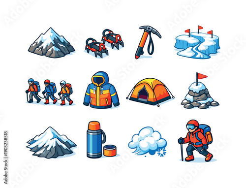 Alpine Adventure Icons. Alpine Adventure. Colorful isometric vector icons set of Alpine Adventure: snowy mountain, crampons, alpine axe, glacier path, rope