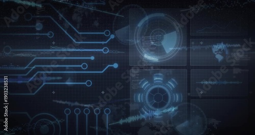 On left data pulse, circuitry glowing, stacked HUD rotating, waveform rippling, syncing display