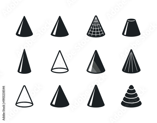 Cone. Solid icon set of Cone: geometric cone, 3D cone shape, solid cone, wireframe cone, truncated cone, pointed cone, cone outline, shaded