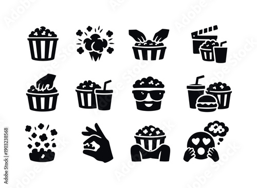 Popcorn moments. Solid icon set of Popcorn moments: popcorn bucket, popcorn popping, shared popcorn snack, movie night snack, hand in